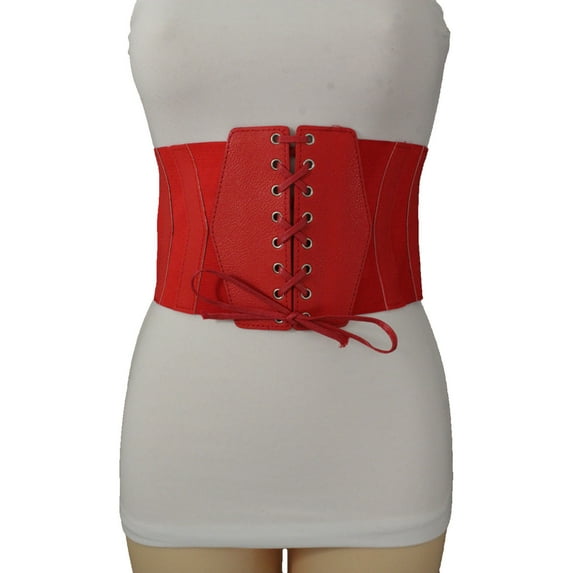 Women Red Faux Leather Wide Fashion Corset Belt High Waist Stretch Waistband S M