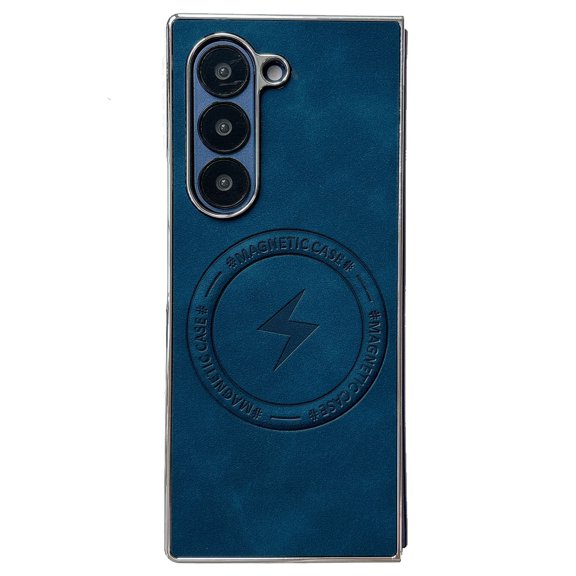 Magnetic Case for Samsung Galaxy Z Fold 7 Case PU Leather Thin Slim Case Soft Bumper Anti-Fingerprint Shockproof Protective Phone Cover Compatible with Magsafe, Plain Anti-Scratch Retro Style,Blue