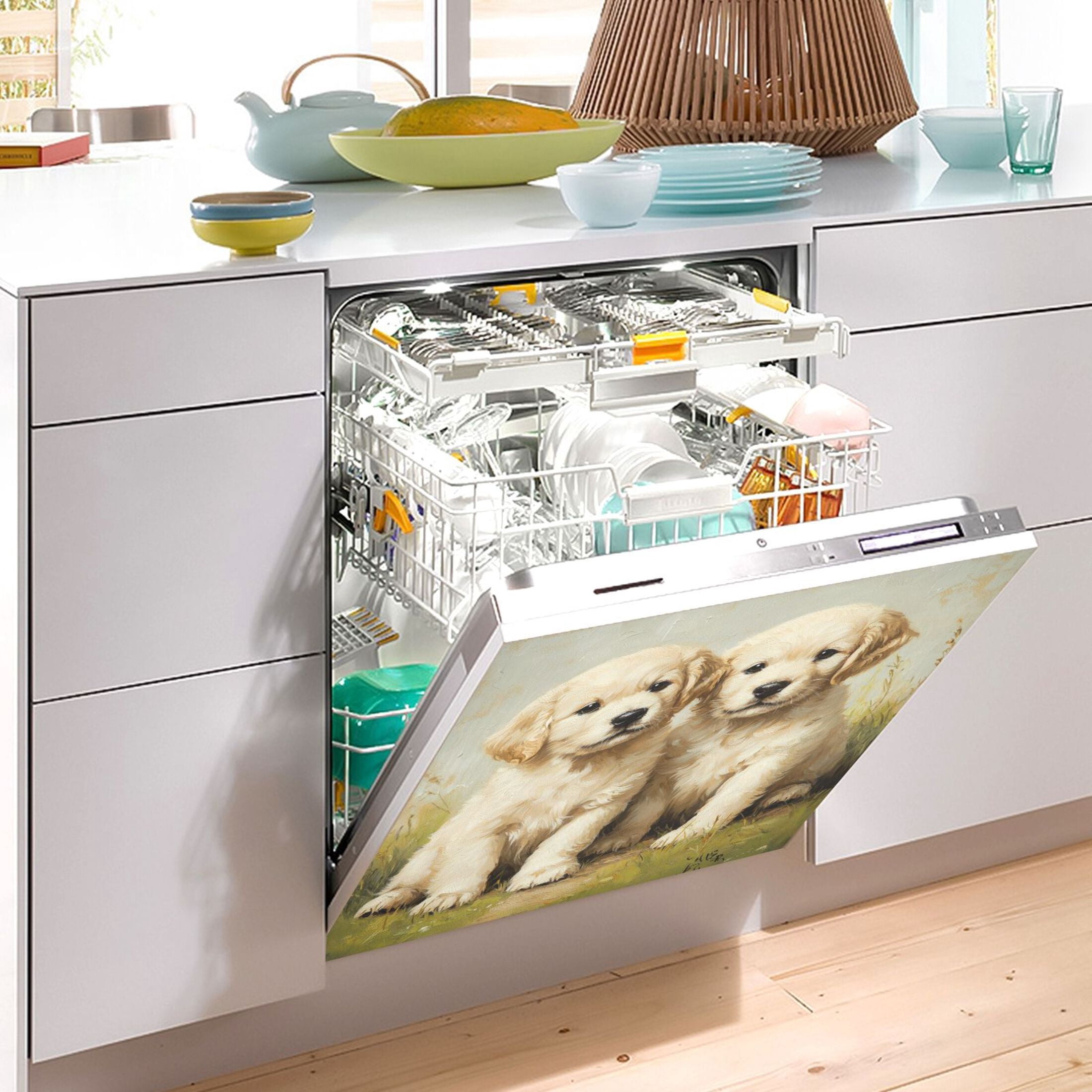 Dishwasher Magnetic Sticker 23x26 Inch Refrigerator Magnetic Sticker Washing Machine Magnetic Sticker Kitchen Panel Magnetic Sticker Home Decor Beautiful Two White Dogs