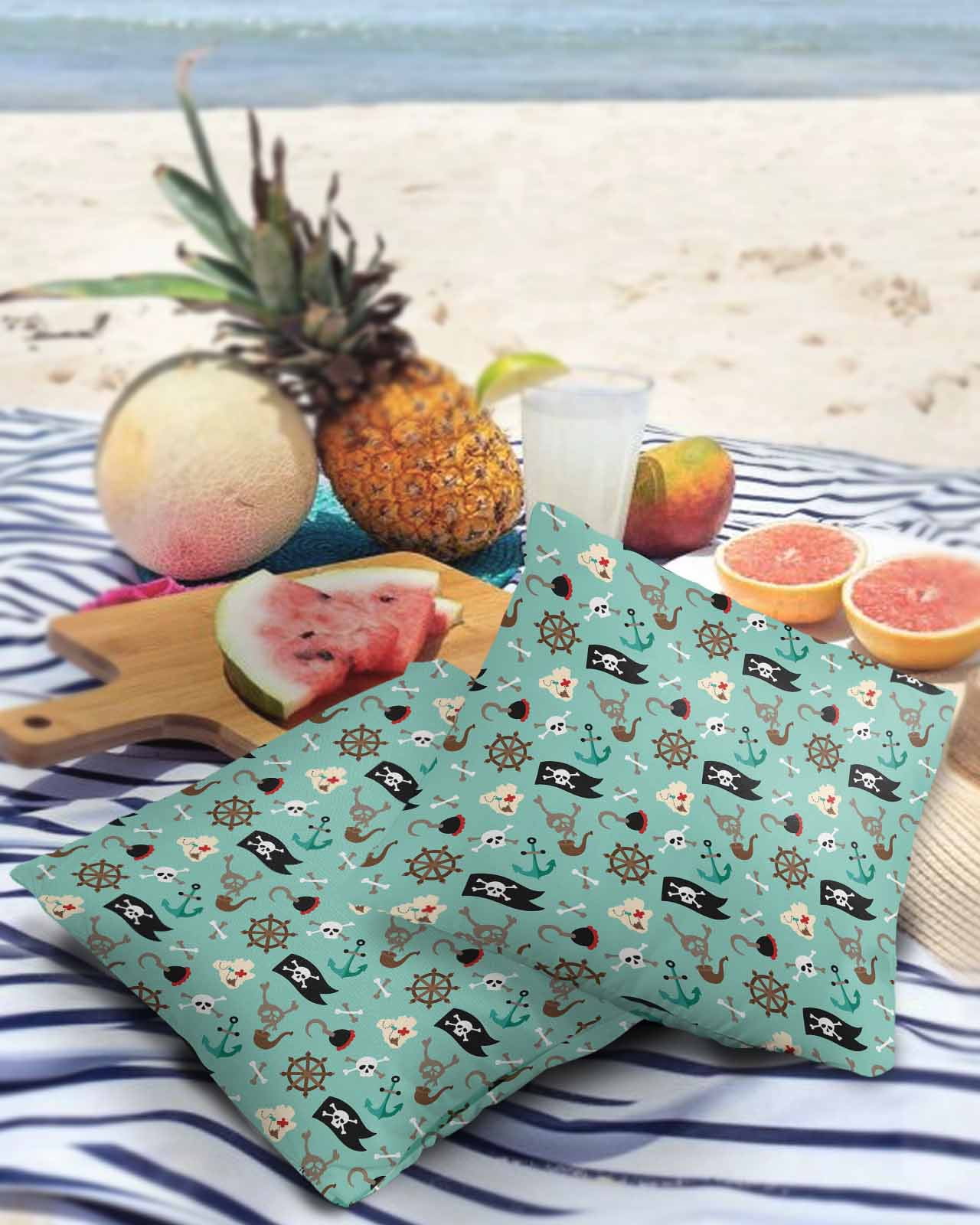 Pack of 2 Outdoor Pillow Covers, Pirate Flag Rudder and Hook Waterproof Square Throw Pillowcase Cushion Decorative Pillow Covers for Couch Patio Tent, 20x20 in