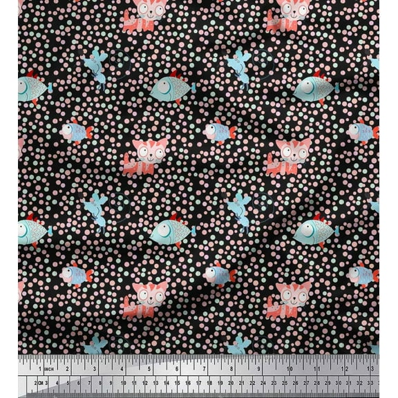 Soimoi Cotton Duck Fabric Dot,Fish & Cat Kids Print Sewing Fabric Yard 42 Inch Wide