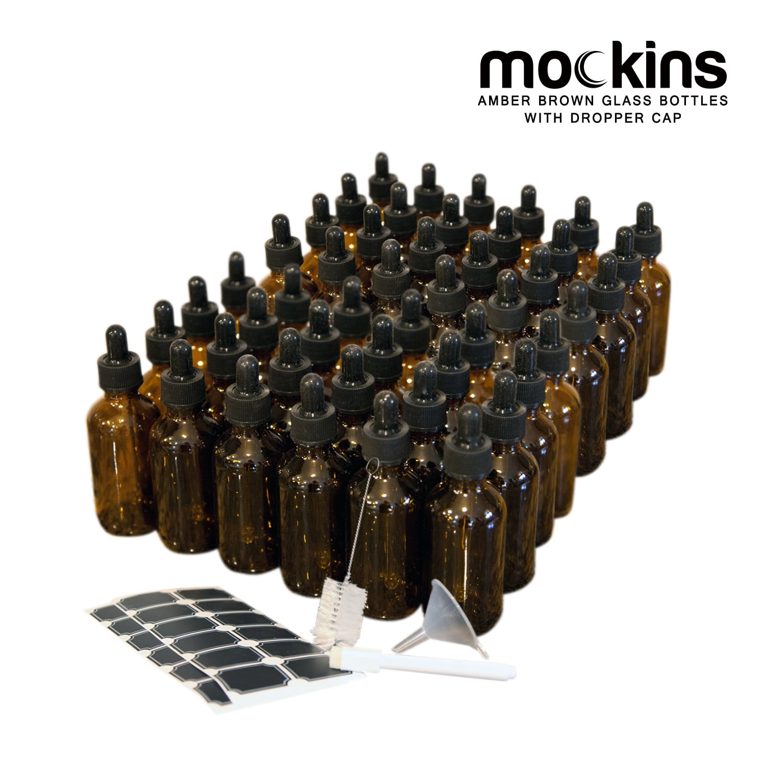 Mockins 2 oz. Amber Glass Dropper Bottles | Pack of 48 Toiletry Bottles, Funnel, Brush, Marker & Labels