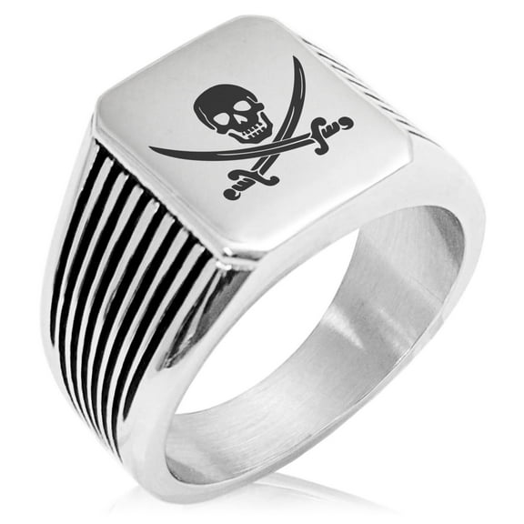 Stainless Steel Pirate Skull & Swords Needle Stripe Pattern Biker Style Polished Ring