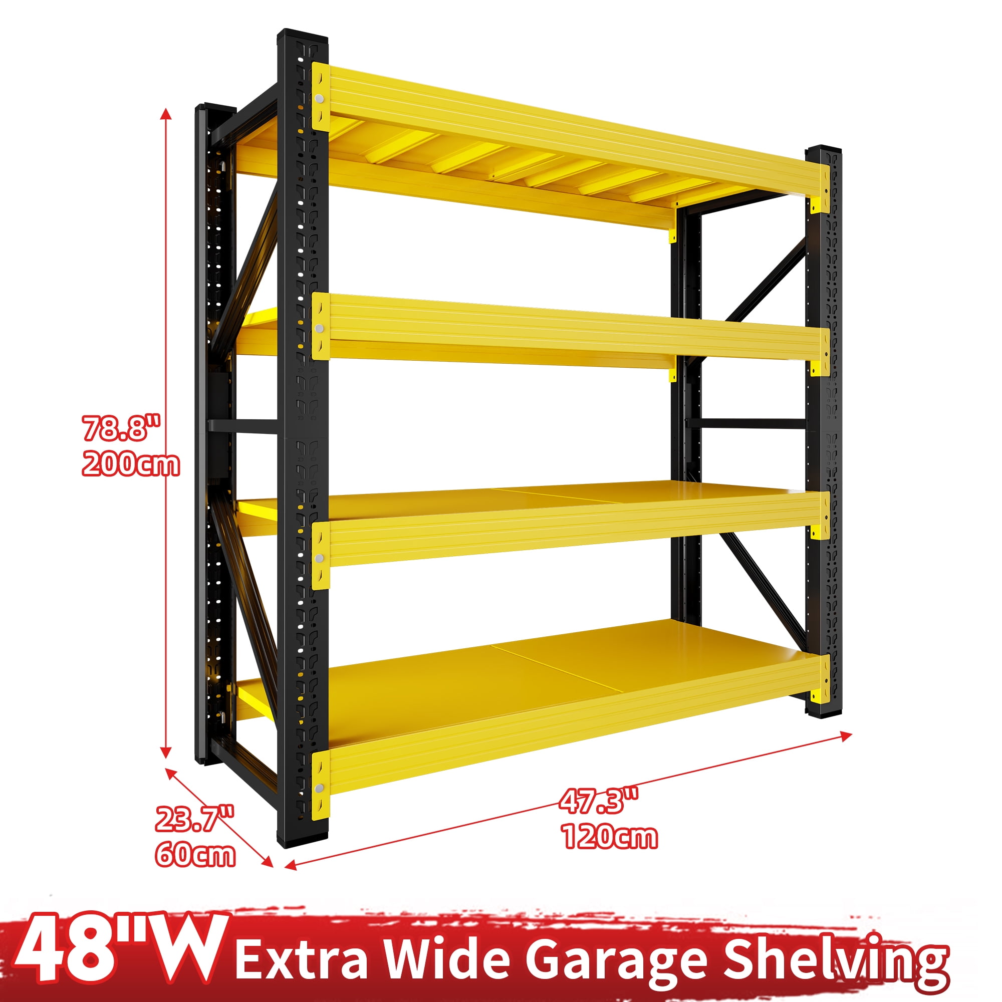 48" W Garage Shelving 3000LBS Garage Shelving Heavy Duty 4-Tier Metal Storage Shelves Adjustable Shelf Unit Storage Rack for Basement Supermarket Warehouse 48" W x 24" D x 78" H Yellow