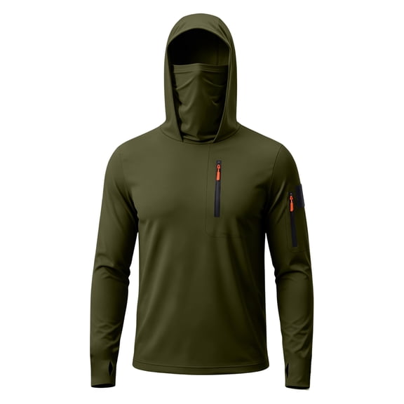 Men's UPF 50 Sun Protection Hooded Shirt with Face Cover, Lightweight Long Sleeve Uv Shield Fishing Hoodie Quick Dry Fishing Sun Shirt Army Green L