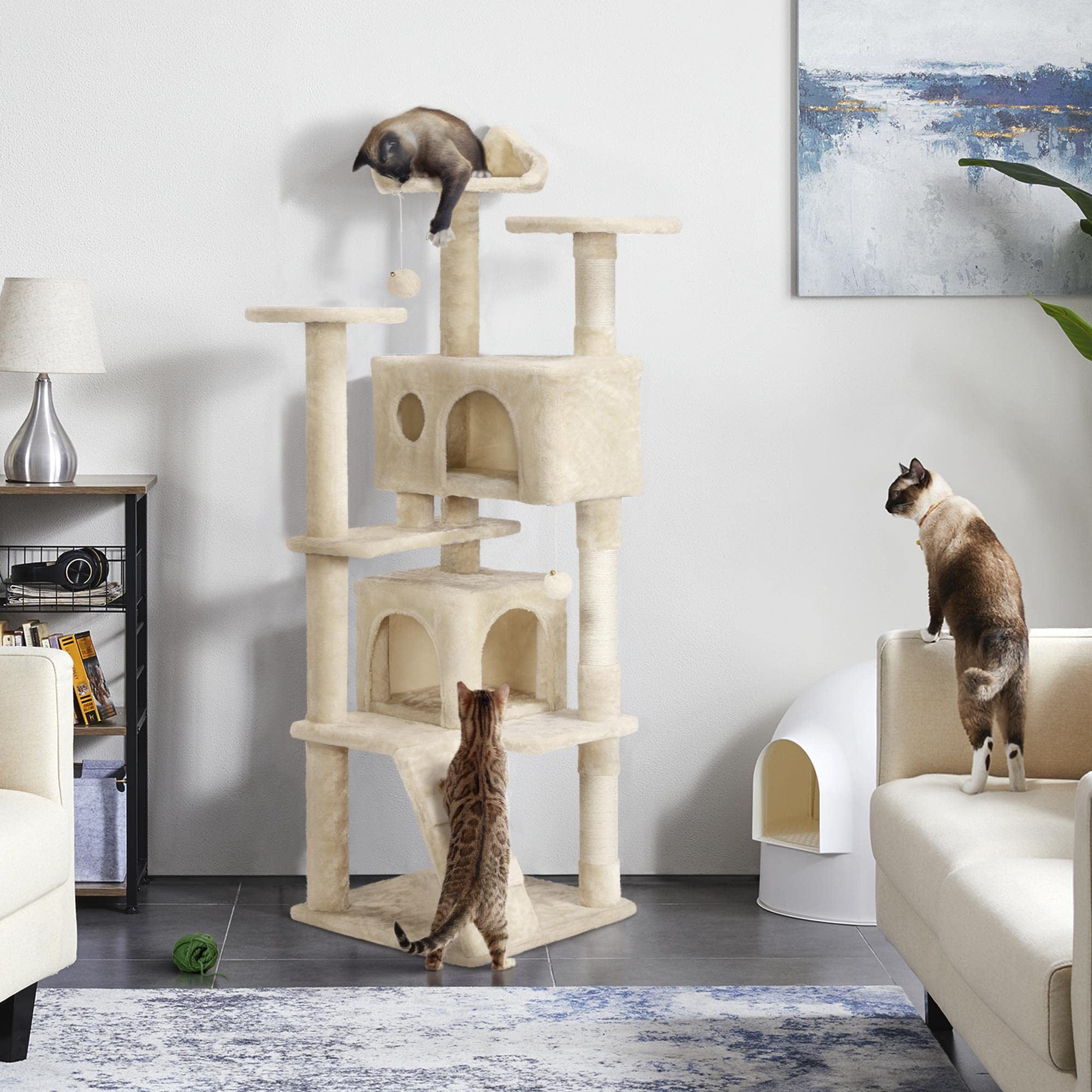 Cat Tree Tower 61in for Indoor Cats, Multi-Level Design with Scratching Posts, Perches, Platforms, Sisal Rope Scratchers, Safe Leaping Space for Kittens, Beige