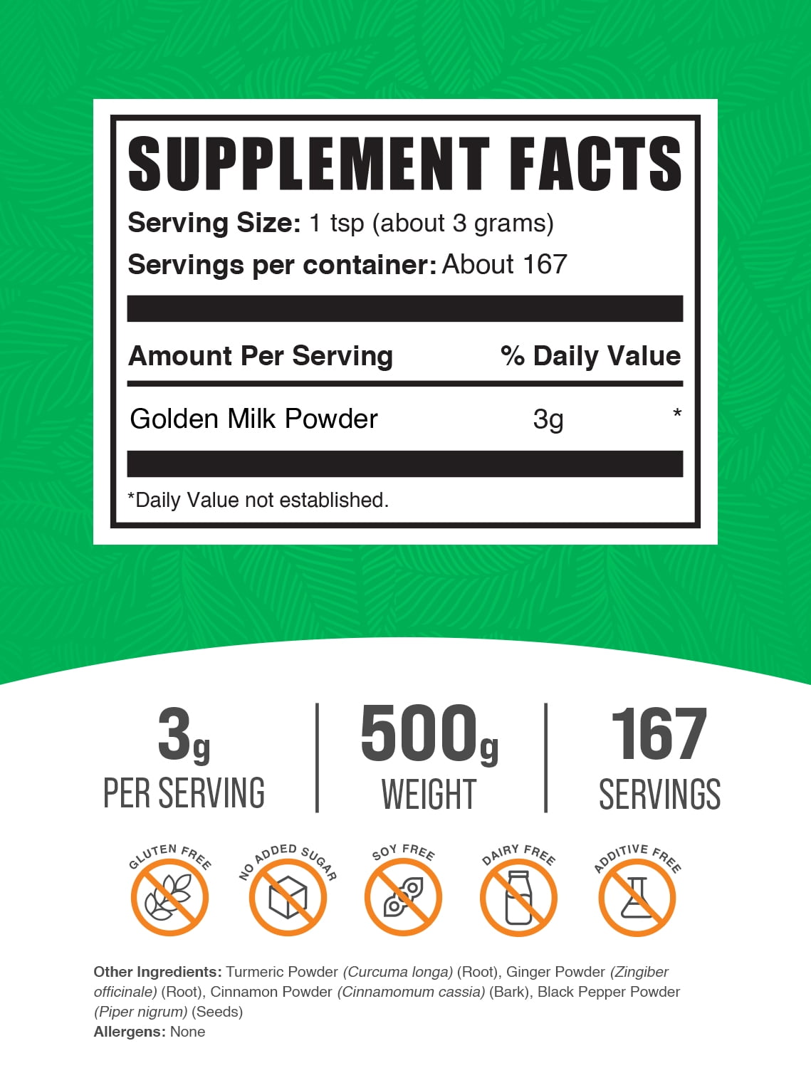 BulkSupplements Golden Milk Powder - 3g per Serving - 500 Grams (1.1 lbs) - 167 Servings
