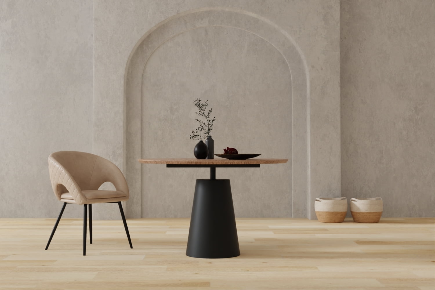 Walnut Wood Top 48" Round Dining Table w/Black Powder Coating Pedestal Base