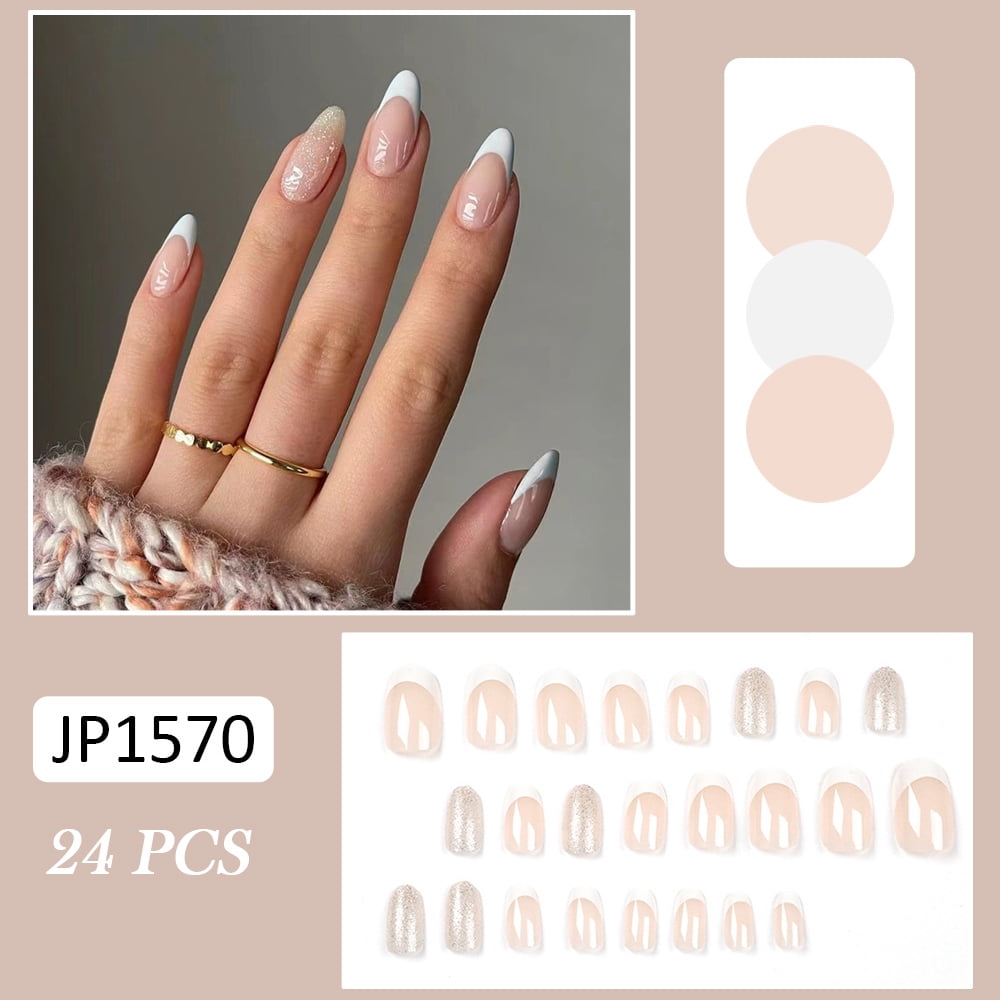 24Pcs White Edge False Nails Gentle Wearable Fake Nails For Women And Girls  
