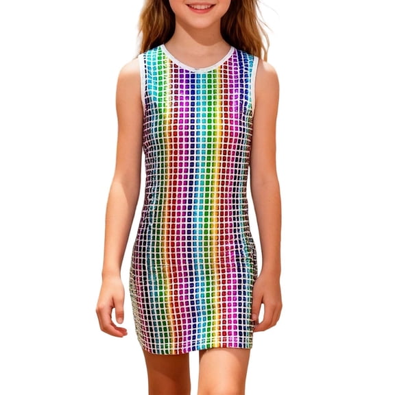 MEZZALL Dresses Girls Square Grid Sequin Print Sleeveless Tank Casual Party Dress Stylish Kids Crew Neck Solid Color Child Sundress