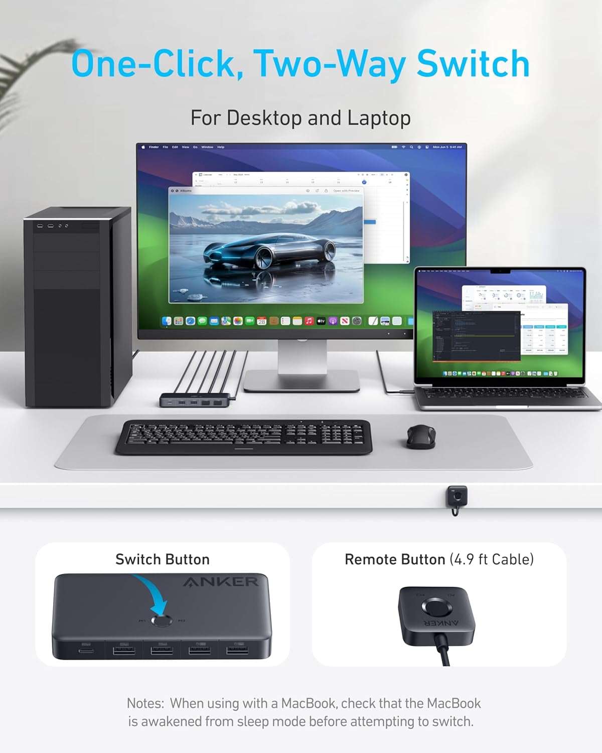 Anker USB 3.0 HDMI KVM Switch, 5 USB 3.0 Ports, Supports 4K@60Hz, Magnetic Remote Button for One-Click Switch Between Laptop and Desktop, Works with Dell, MacBook, iPad, and More (Cables Included)