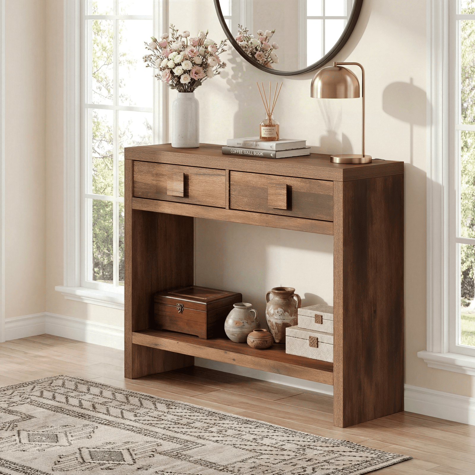 ROGALIS Console Table with Drawers, 40 Inch Narrow Entryway Table with Open Storage Shelves for Living Room