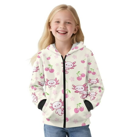 FUIALDOLG Girls Long Hoodies Jacket Cartoon Axolotl Cherry Print Hoodies for Girl Kids Full Zip Hoodie Girls Winter Jacket Warm Cozy Outwear Coat with Pockets Size XL