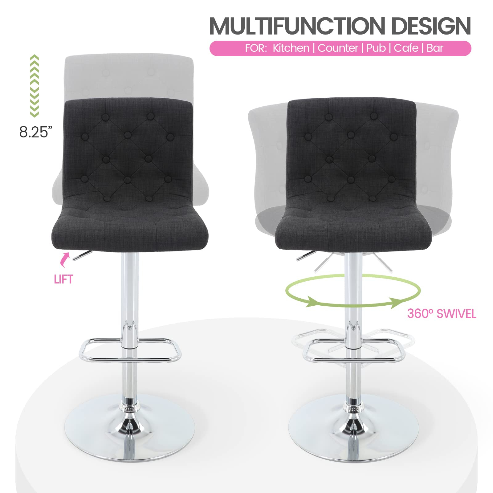Modern Upholstered Bar Stool with Back Set of 2, Armless 360° Swivel Adjustable Height Linen Padded Bar Chair for Kitchen Island, Dining Room, or Café (Black)