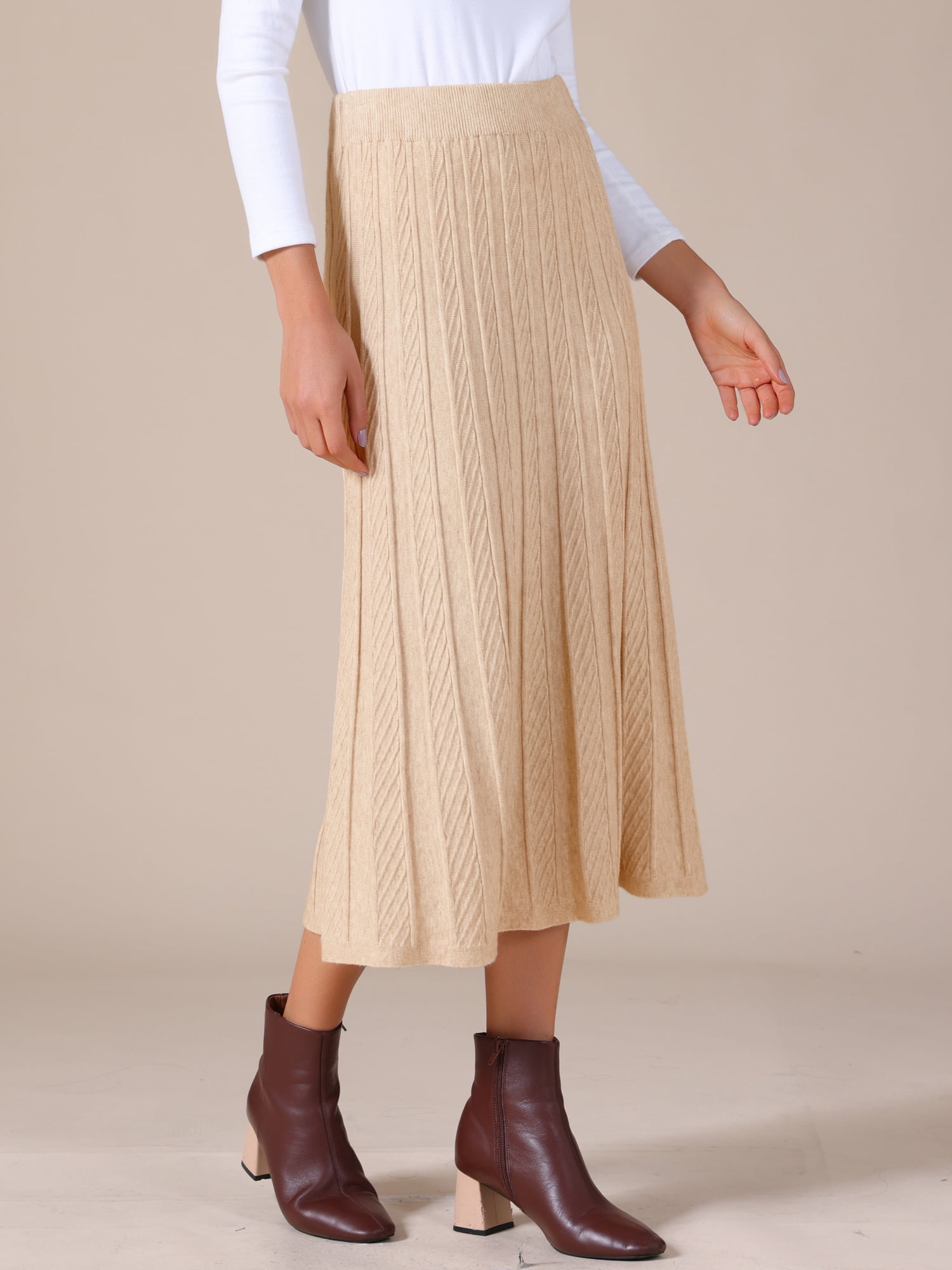 DARING DIVA Women's Sweater Pleated A Line Knit Midi Skirt Large Khaki