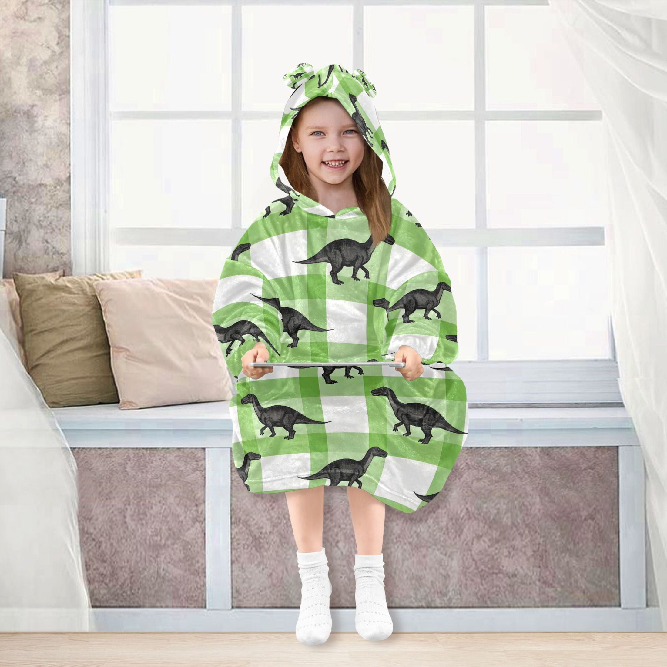 joogoo Blanket Hoodie for Dinosaur on Checkered Oversize Sweatshirt 3-14 YR L
