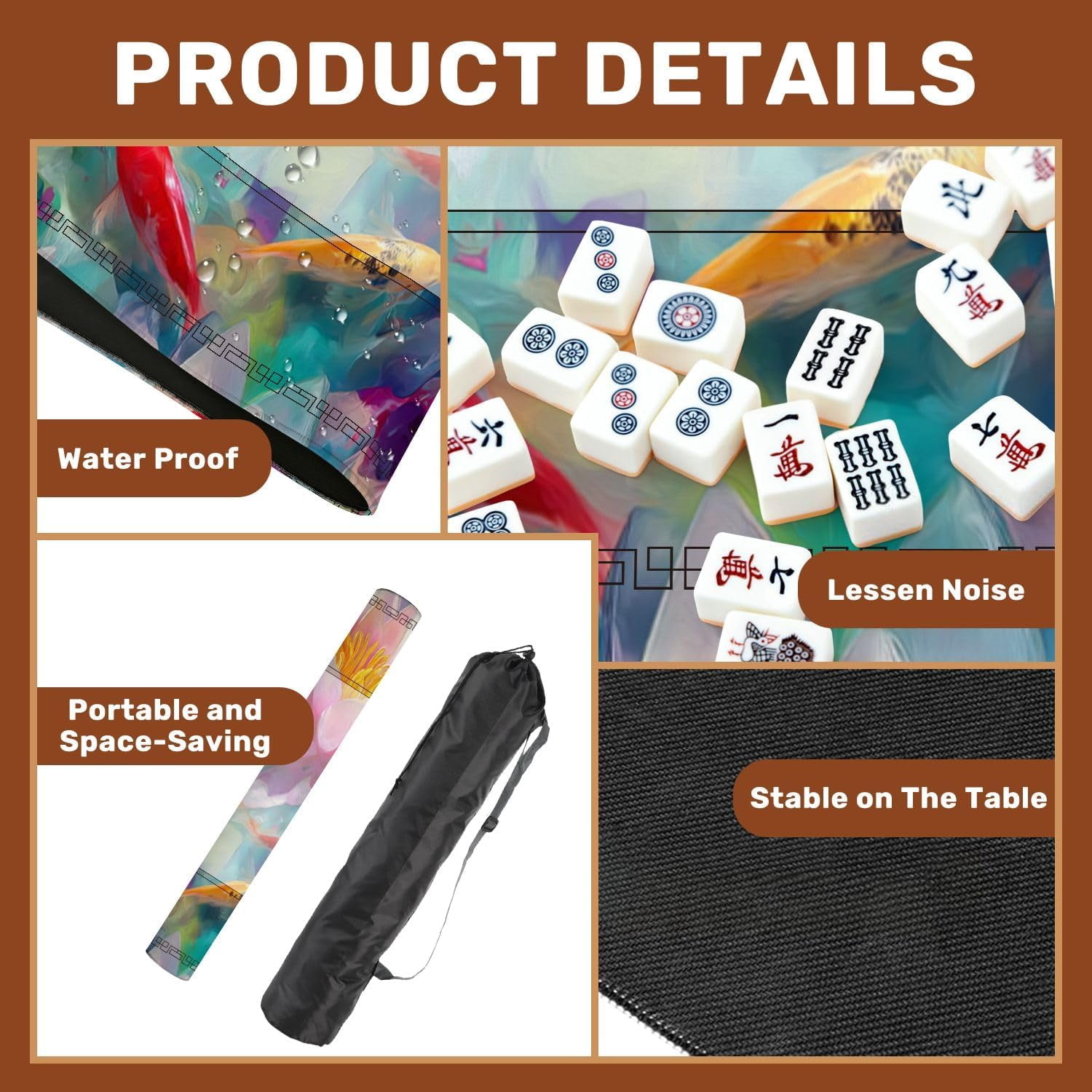 Mahjong Mat 31.5" x 31.5" Intricate Watercolor Pond Art Lotus Fish Soft Pastels Non-Slip Noise Reduction Mahjong Tiles Table Cover for Dominoes Poker Card Board and Tile Games