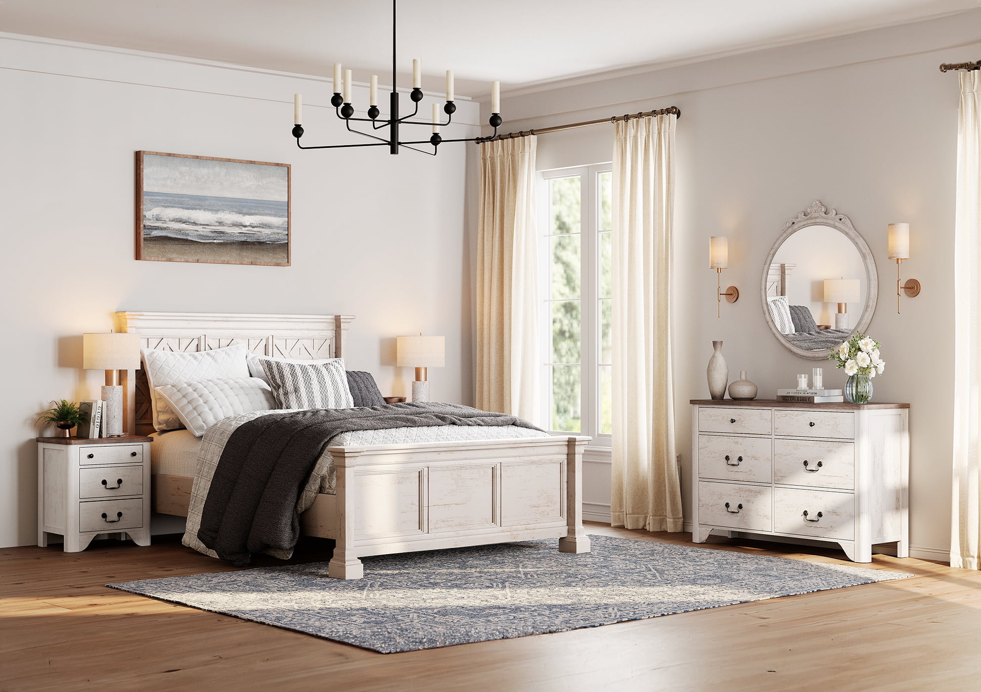 WAMPAT Farmhouse 3-Piece Bedroom Set, 47.2" Wood 6-Drawer Dresser and Nightstand Set of 2 with Charging Station for Bedroom,Living Room,White