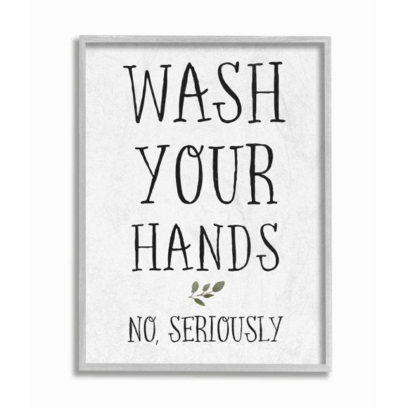 Stupell Industries Wash Your Hands Cottage Charm Bathroom Sign, Designed by Daphne Polselli Wall Art, 11 x 14, Grey Framed