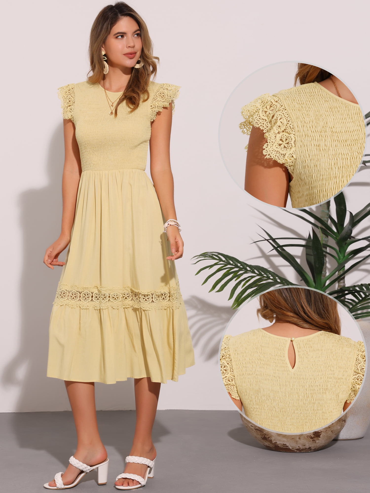 DARING DIVA Boho Midi Flutter Sleeve Lace Trim Ruffle Beach Dress L Yellow
