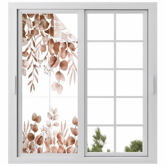 Reusable Frosted Window Coverings, Coffee Eucalyptus Window Privacy Film Frosted, Spring Summer Farmhouse Leaves Watercolor Sun Blocking Windows Stickers for Kitchen Front Door, 23.6 x 59 Inches