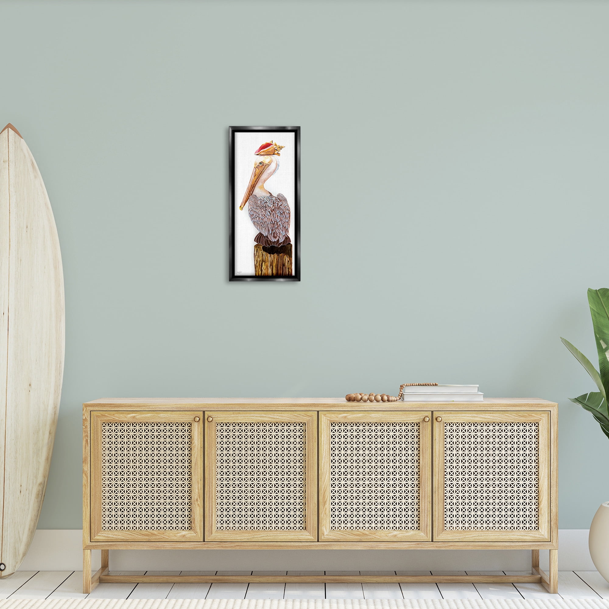 Stupell Industries Nautical Pelican with Sea Shell Animals & Insects Painting Black Floater Framed Canvas Art Print Wall Art, 11 x 25