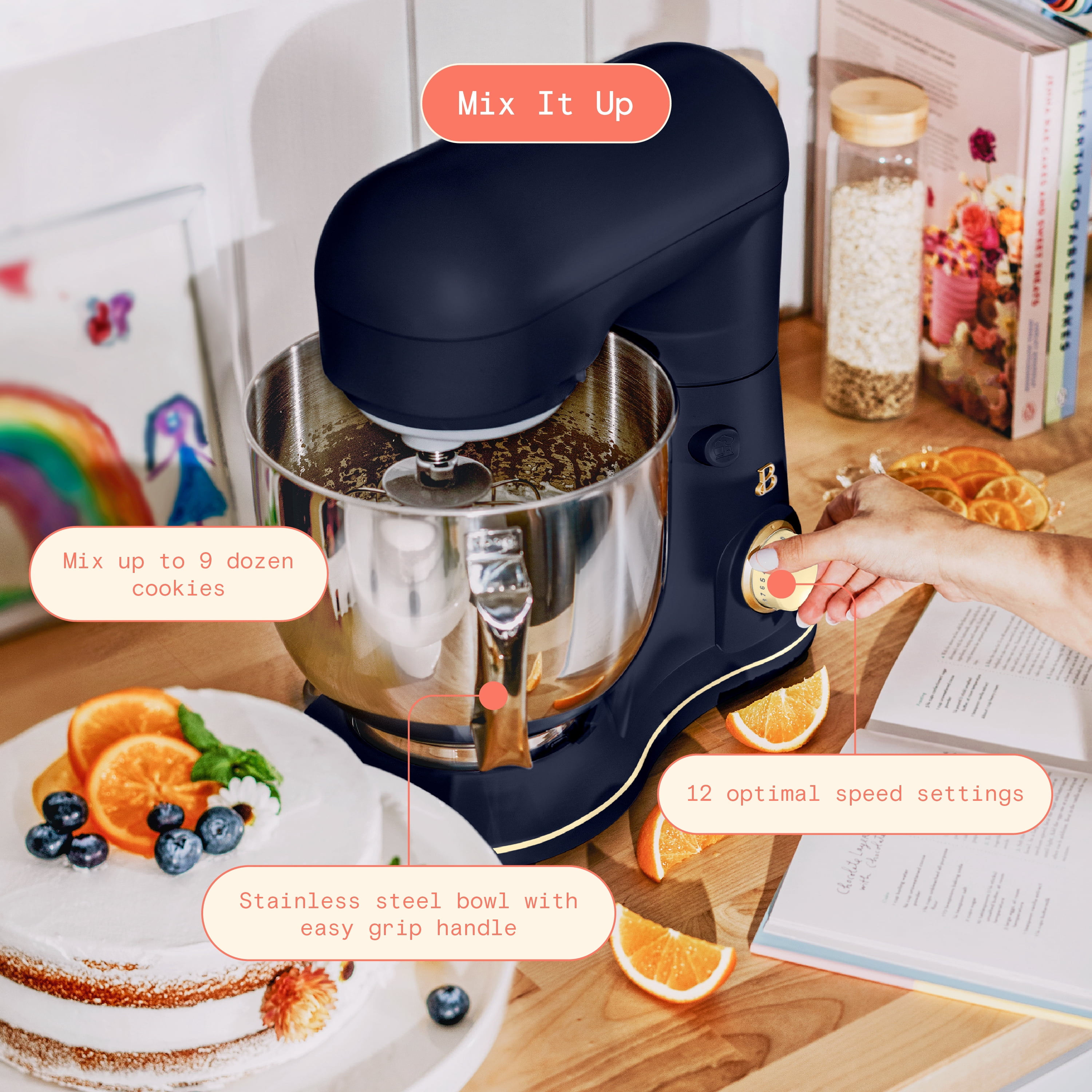 Beautiful 5.3 Qt Tilt-Head Stand Mixer with Flat Beater, Dough Hook & Balloon Whisk, Starry Night and Buttercream by Drew Barrymore