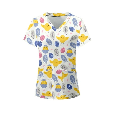 

Lumento Women Cartoon Scrubs Tops Summer Short Sleeve V Neck Working Uniform Shirt