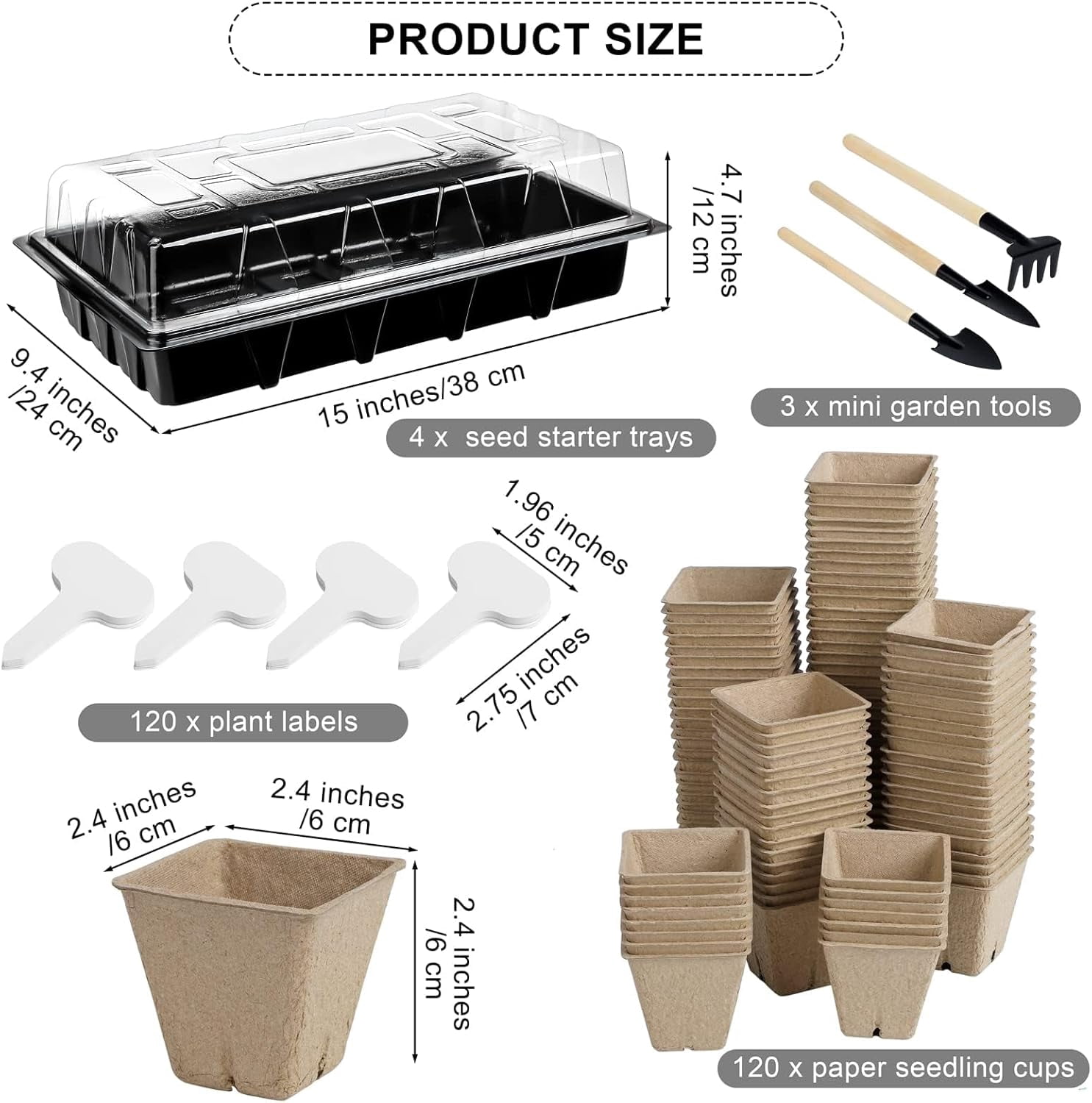 Seed Starter Kit Including Peat Pots, Seed Starter Tray with Plant Labels, Tool, Plastic Growing Trays, Germination Tray Paper Seedling Cups for Indoor Outdoor Garden