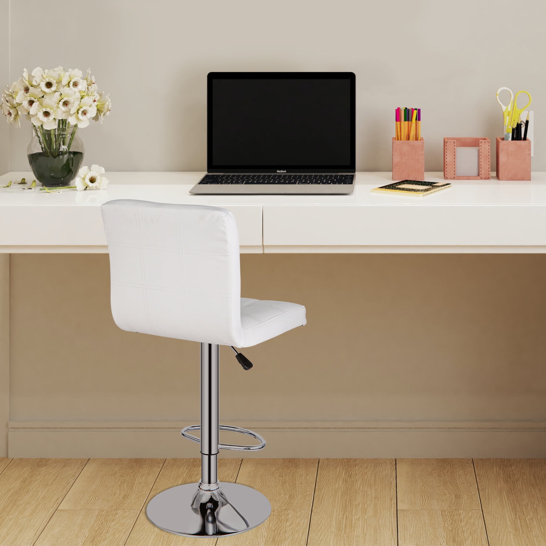 HomGarden Set of 2 Adjustable PU Leather Swivel Barstool Indoor Bar Stool W/ Back, White