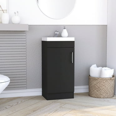 Black Bathroom Vanity Sink With Quality Metal Handle And Compact Single Door Cabinet Contemporary
