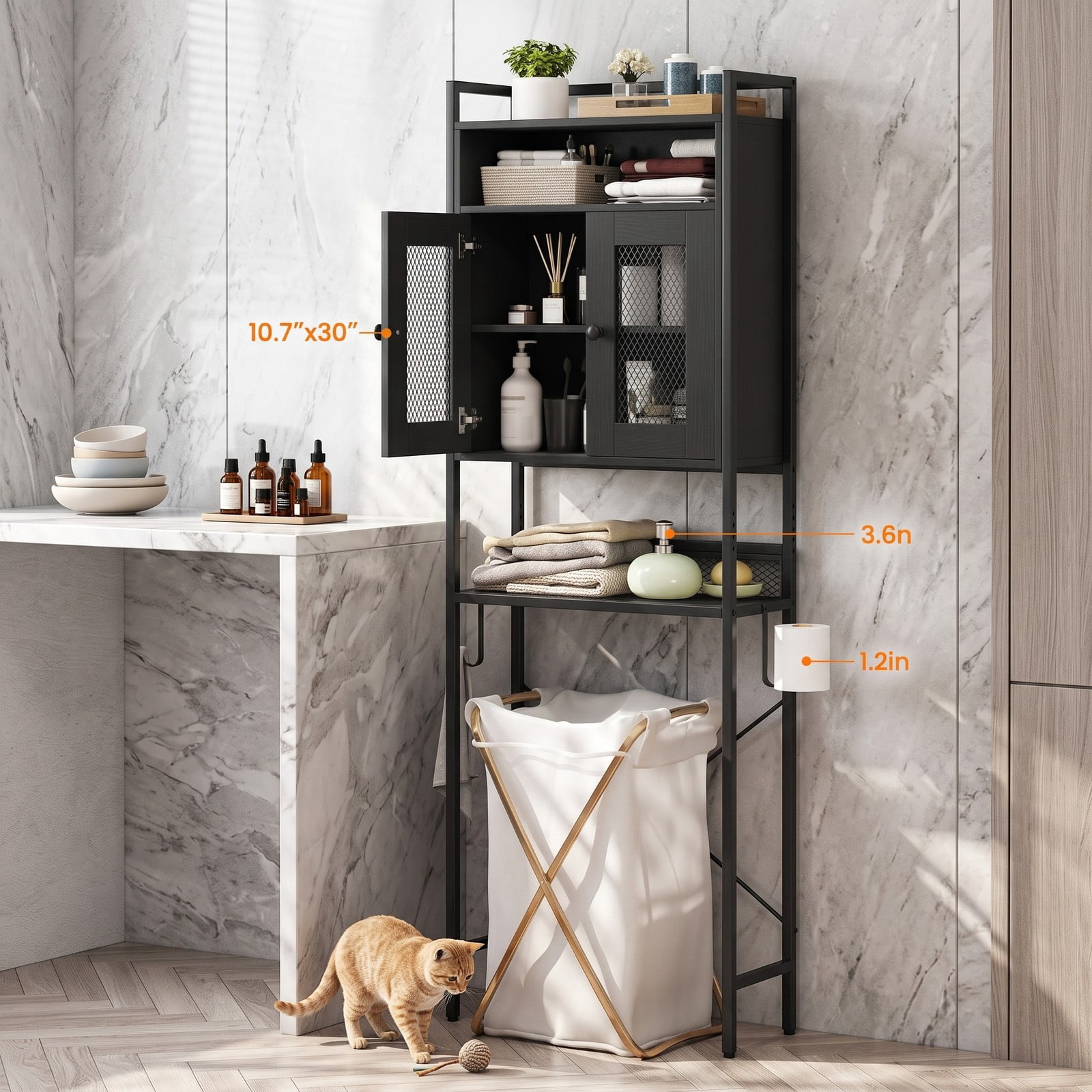 ALPULON Freestanding Over the Toilet Storage Cabinet with Heavy Duty X-Shaped Metal Frame and 2 Breathable Mesh Doors, Black