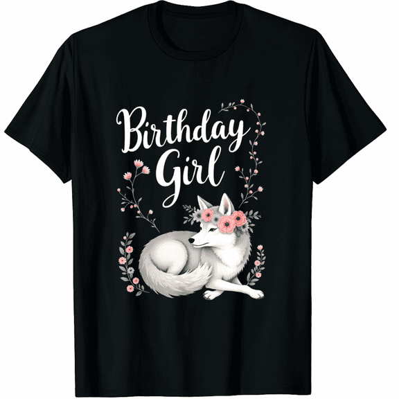 Wolf with Flowers for the Birthday Girl T-Shirt for Men Women