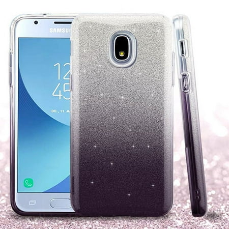 Samsung Galaxy J3 V /J3 3rd Gen /Galaxy Express Prime 3 Stylish Gradient Glitter Design Hybrid Rubber TPU Hard PC Slim Phone Case Cover [ Silver Black ]