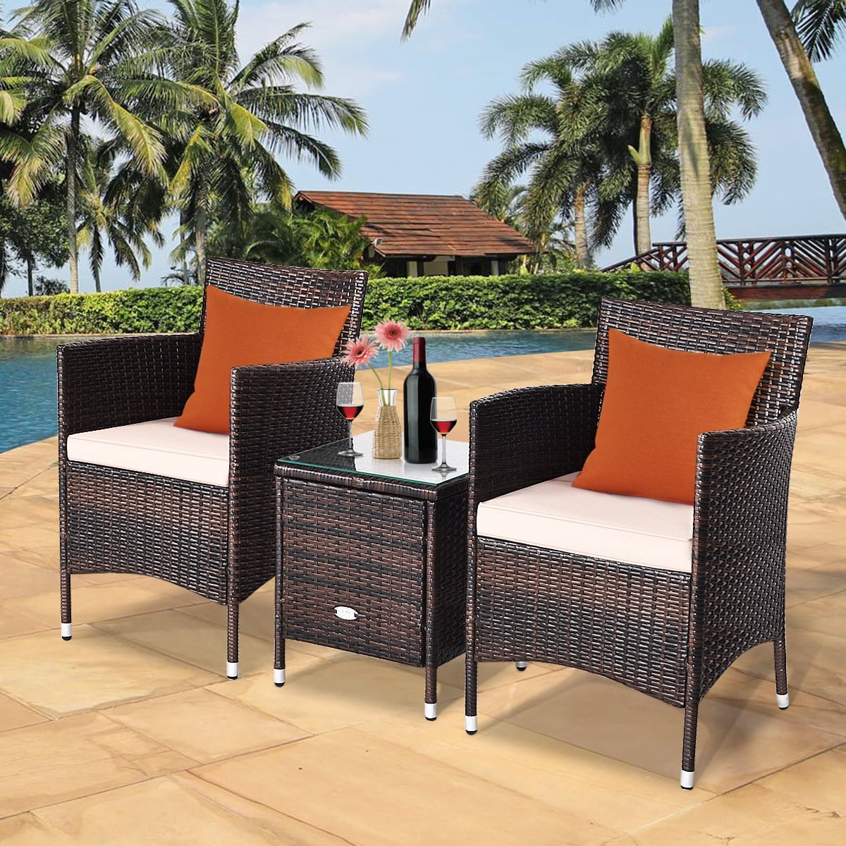Gymax 3PCS Patio Rattan Chair & Table Furniture Set Outdoor w/ Beige Cushion