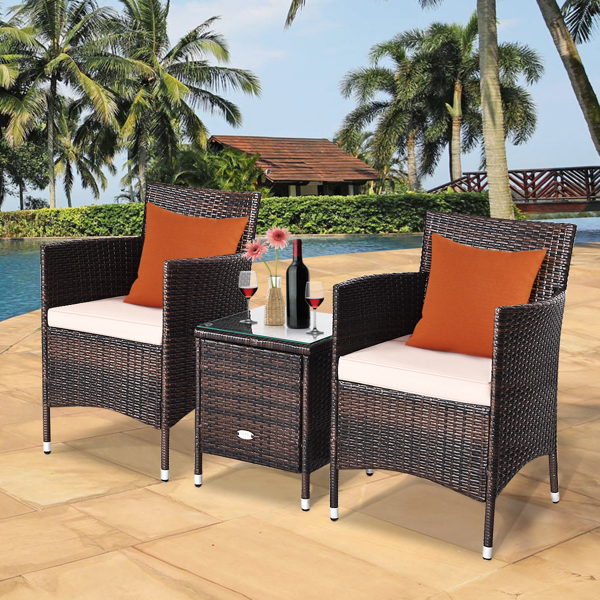 Gymax 3PCS Patio Rattan Chair & Table Furniture Set Outdoor w/ Beige Cushion - image 2 of 10