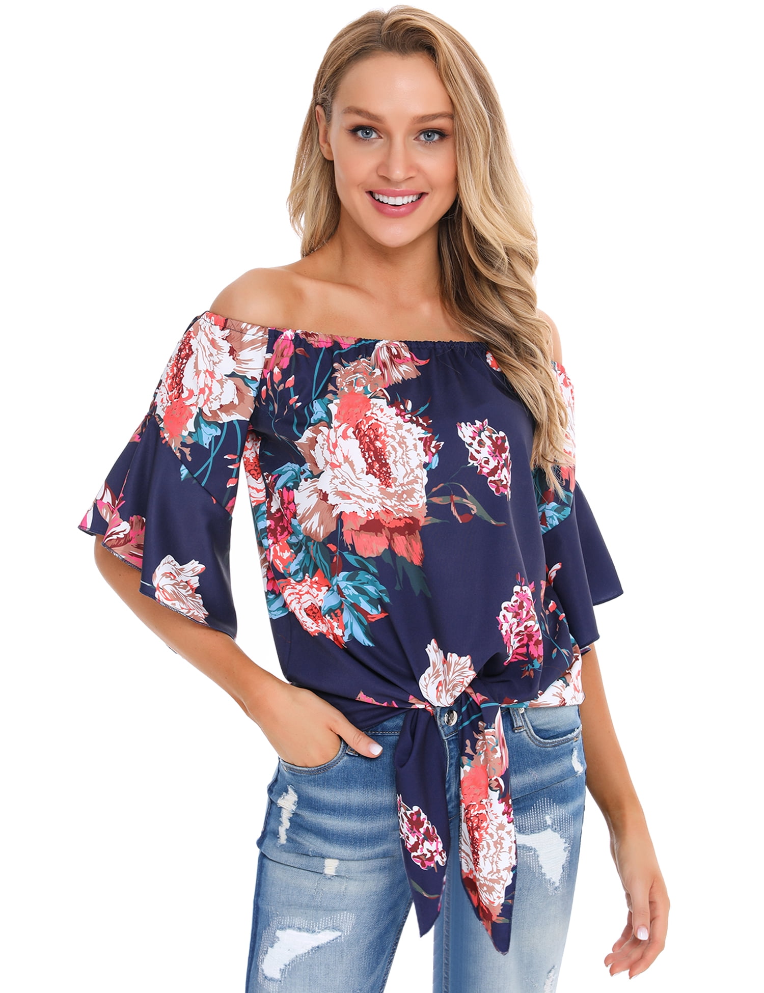 Uniexcosm Women Tops Off Shoulder Floral Print Long Sleeve Shirts 