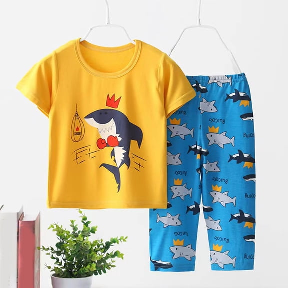 HVOBTTY Toddler Kid's Print Breathable Crew Neck Short Sleeve Top Elastic Waist 7/8th Pant 2 Piece Soft Home Wear Sleep Suits