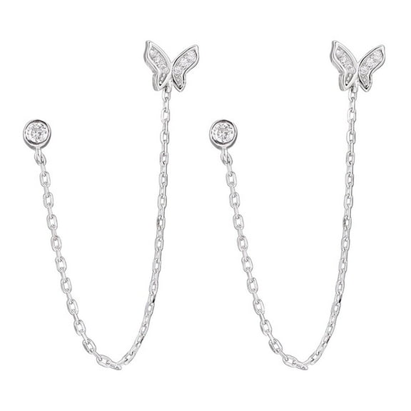 Double Holes Butterfly Climber Stud Earrings Sterling Silver Crystal Threader Tassel Chian Dangle for Women