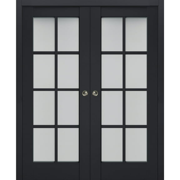Sliding French Double Pocket Doors with Frosted Glass | Veregio 7412 Antracite | Kit Trims Rail Hardware | Solid Wood Interior Bedroom Sturdy Doors-36" x 84" (2* 18x84)