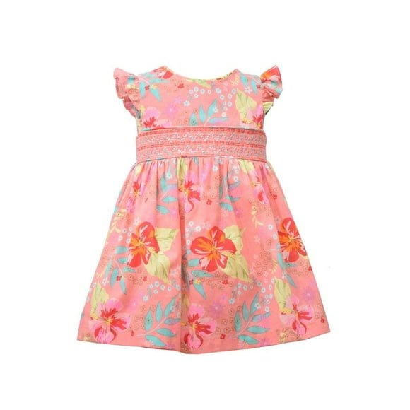 Bonnie Jean Girl's Dress - Smocked Pink Floral Flutter Sleeve Dress for Baby, Toddler and Little Girls, 3-6 Months