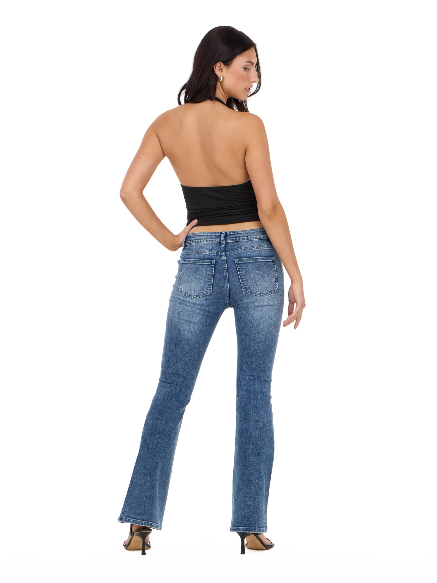 Forever 21 Women's and Women's Plus Mid Rise Bootcut Denim Pants with Rhinestone and Embroidered Back Pockets, Fitted Stretch Jeans, Vintage Wash Casual Style, Blue, 00-4X