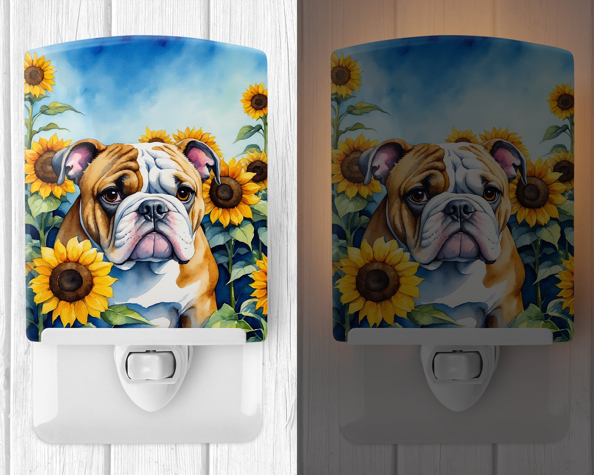 English Bulldog in Sunflowers Ceramic Night Light 4 in x 6 in