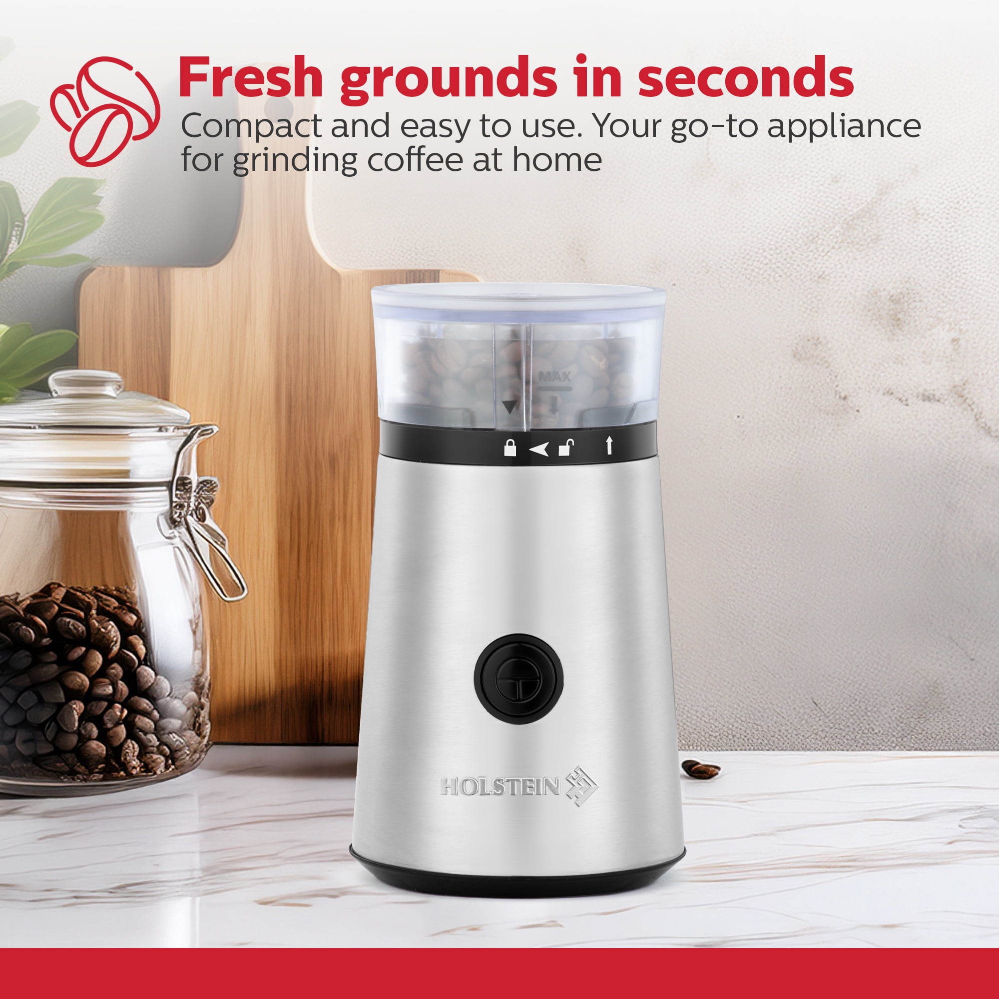 Holstein Housewares Electric Coffee Grinder Featuring a 2.1oz Capacity, Stainless Steel Blades, 150-Watt Motor for Coffee Beans, Nuts, Herbs, Grains, and Spices pulse Function