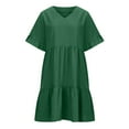 thumbnail image 5 of PiGOGI Women's Casual V-Neck Short Sleeve Mini Dress - Solid Color Pullover Flowy Skirt Dress - Summer Loose Fit Sundress Green, 5 of 8