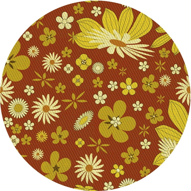 Ahgly Tapis Rond Lavable en Machine Intérieur Transitionnel Jaune, 6 Pieds Rond