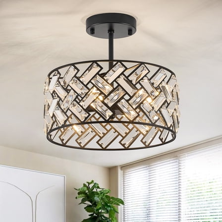 Modern Black Crystal Chandeliers, Small Semi Flush Mount Chandelier 4-Ligh 12'' Drum Crystal Pendant Light Fixture for Foyer Entryway Kitchen Hallway Dining Room
