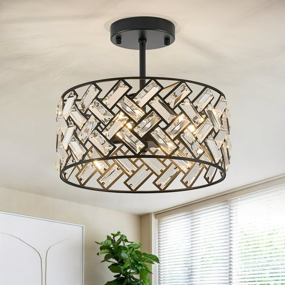 Modern Black Crystal Chandeliers, Small Semi Flush Mount Chandelier 4-Ligh 12'' Drum Crystal Pendant Light Fixture for Foyer Entryway Kitchen Hallway Dining Room