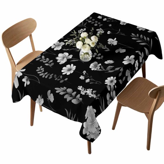 Waterproof Tablecloth Rustic Wildflower Eucalyptus Leaf Rectangle Table Cloth 52x70in,Washable Table Cover Flower Herb on Black Tablecloths for Dining Tables Kitchen Picnic Camping Outdoor Party