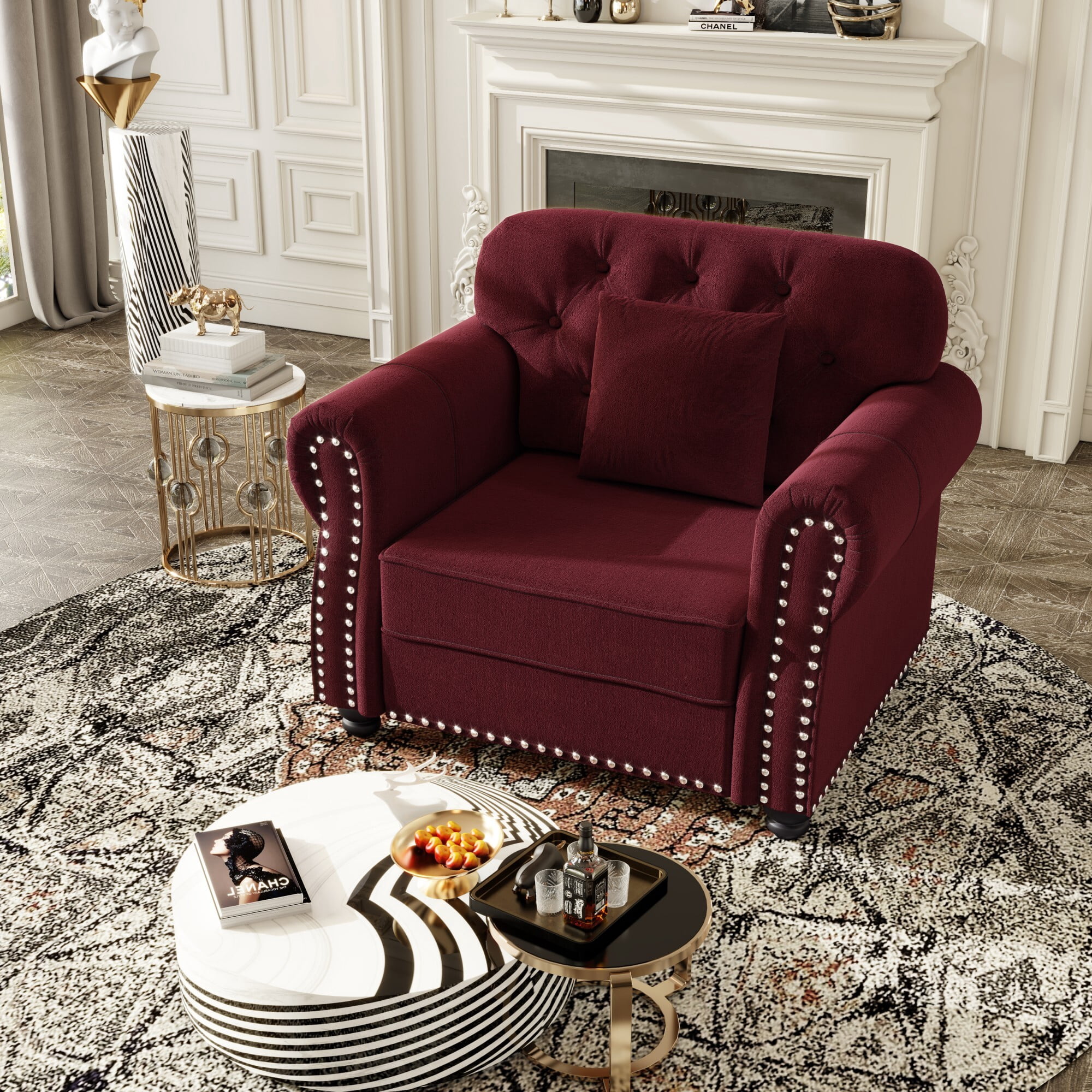 AENKYO 41.3" Chesterfield Velvet Accent Chair, Tufted Single Sofa with Nailhead Trim and Rolled Arms, Burgundy